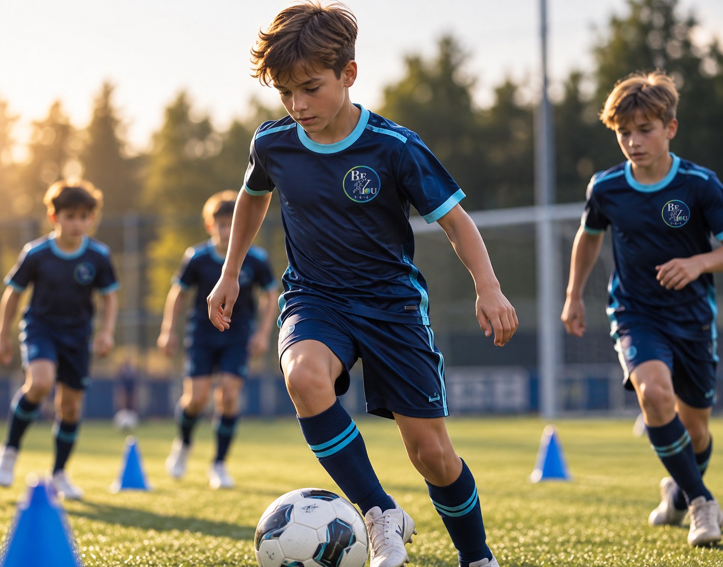 Junge dribbelt im BeYou-Trikot auf den Ball zu, weitere Kinder beim Training