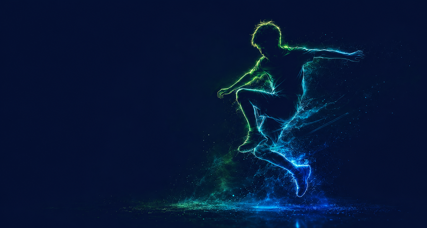 Springendes Kind als leuchtende Energie-Silhouette