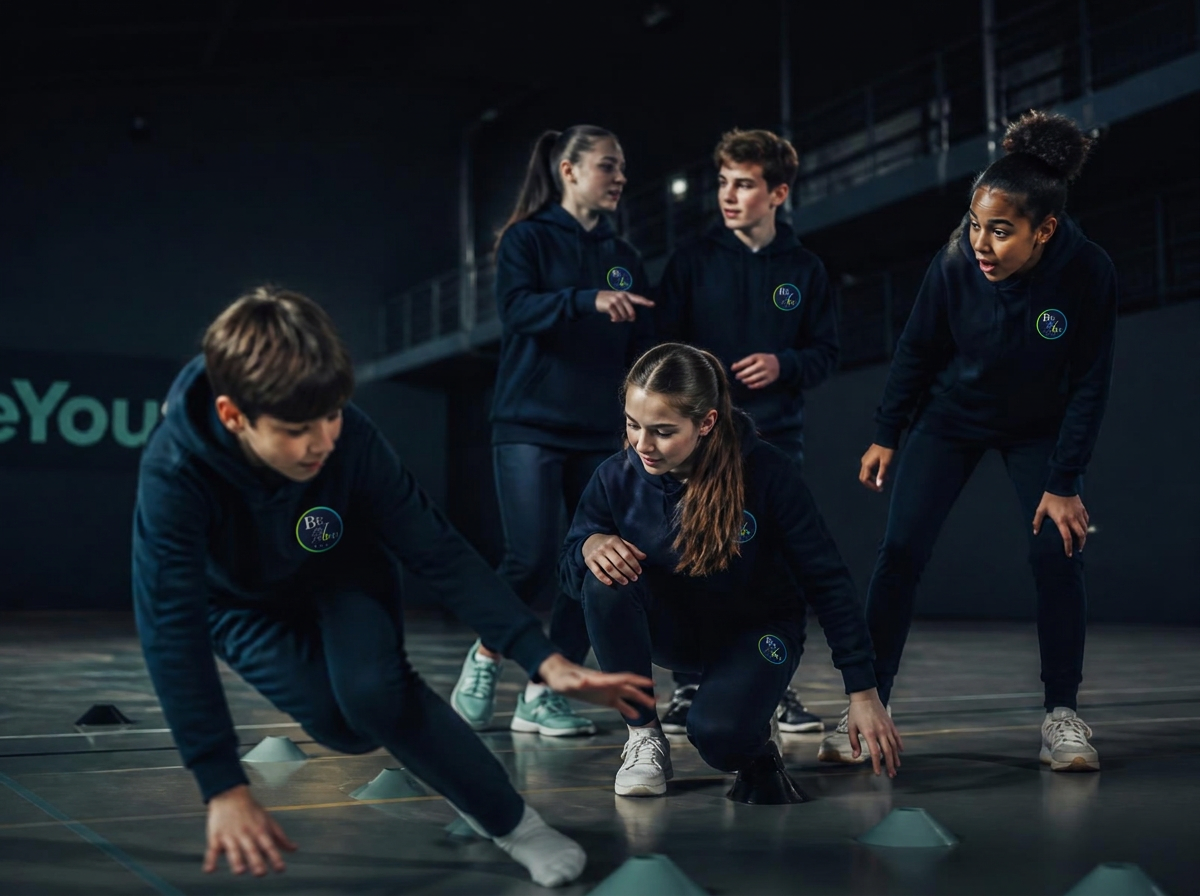 Kinder und Jugendliche in BeYou Hoodies während einer gemeinsamen Bewegungs-Challenge